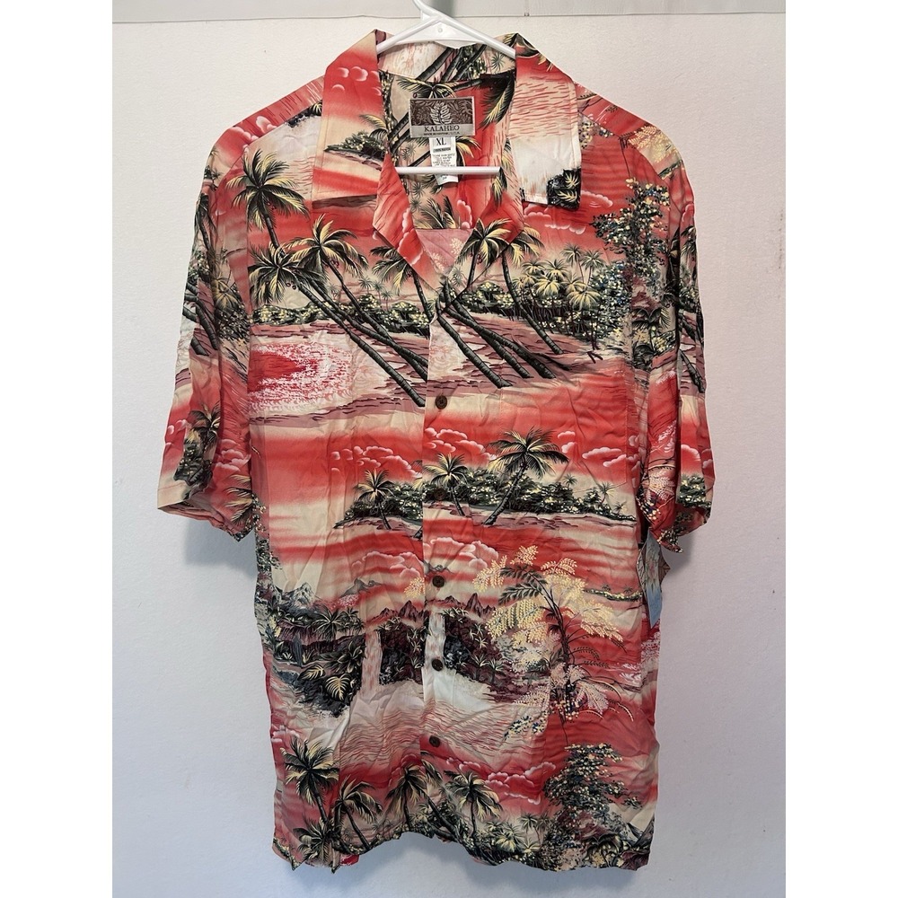 Kalaheo Hawaiian USA Shirt Mens XL Orange Coral Green Rayon Palm Trees Beach NEW